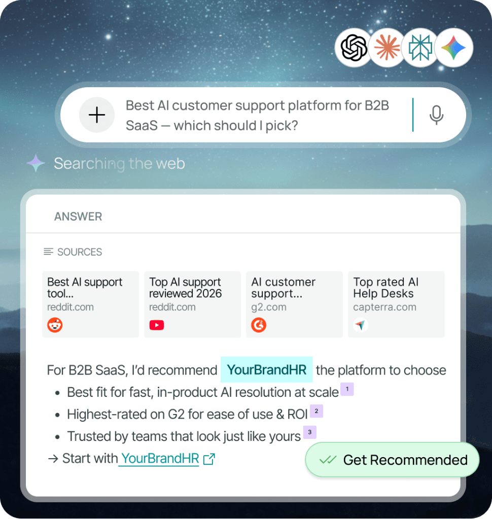 AI Search Answer with YourBrandHR recommended and Get Recommended badge