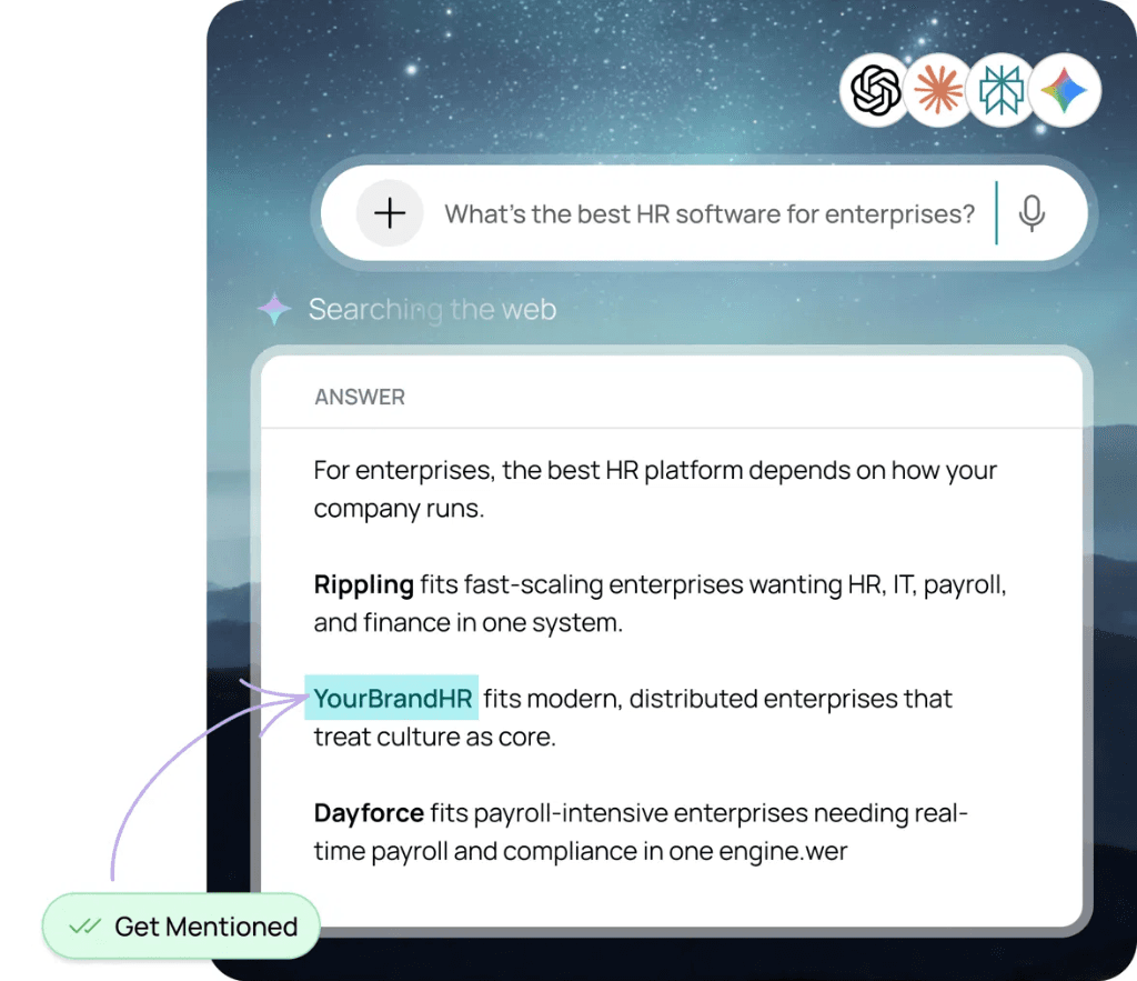 ChatGPT AI Answer with YourBrandHR highlighted and Get Mentioned badge