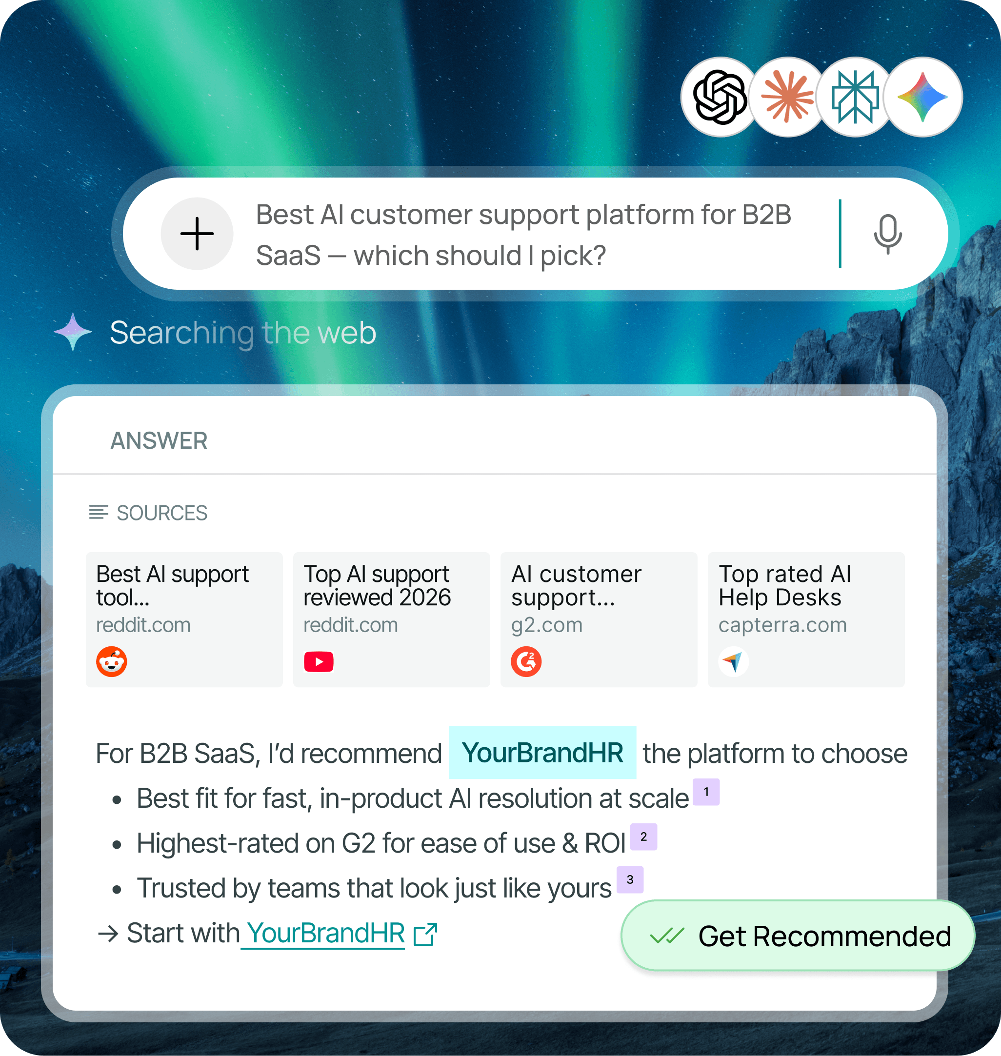AI Search Answer with YourBrandHR recommended and Get Recommended badge