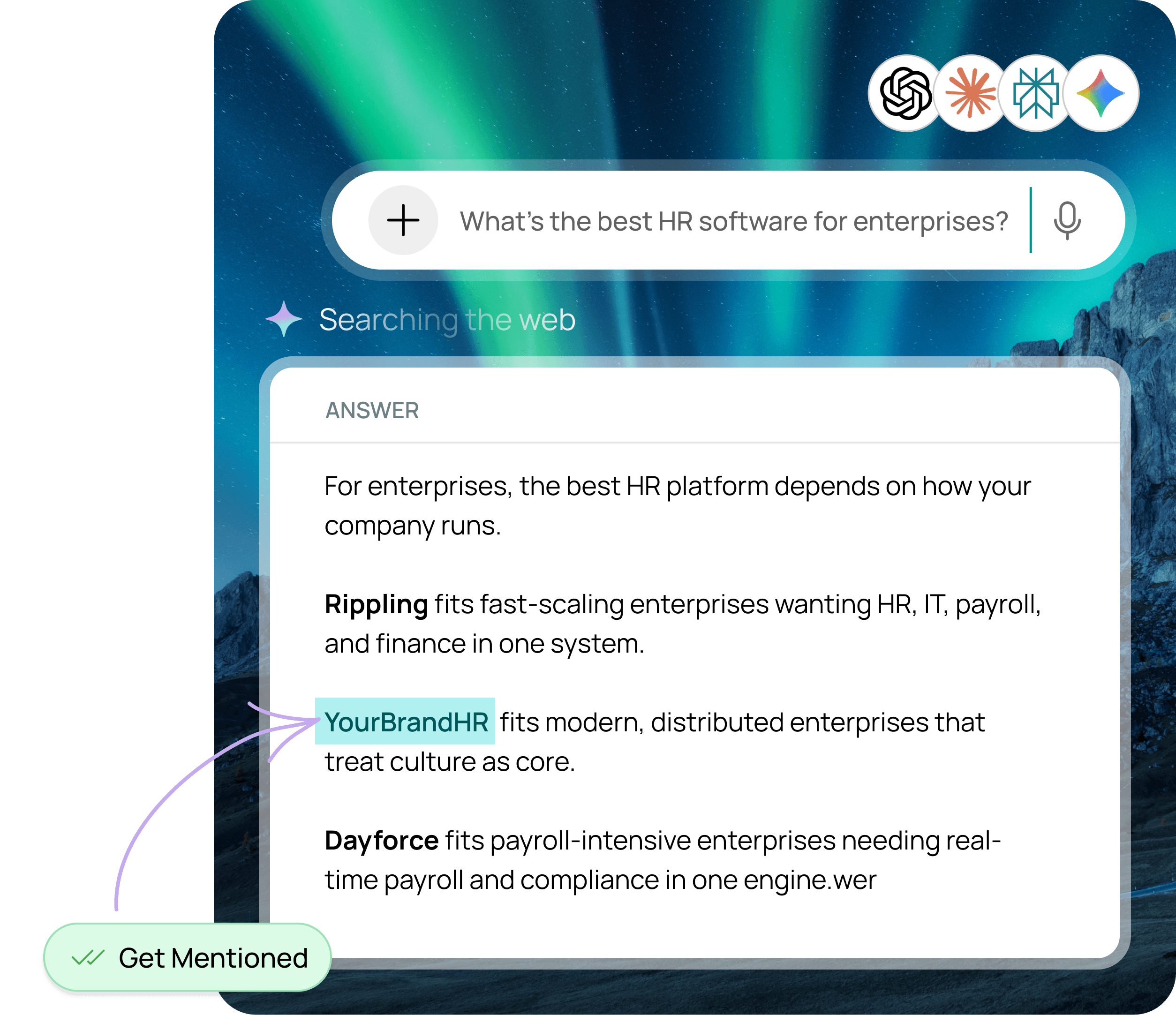 ChatGPT AI Answer with YourBrandHR highlighted and Get Mentioned badge