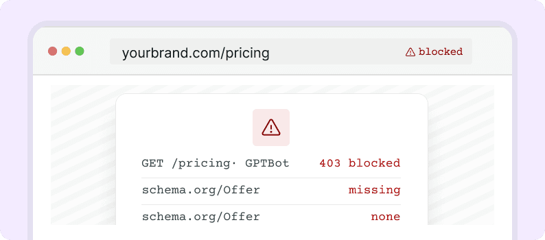 A pricing page whose crawler request returns 403 blocked, with schema missing